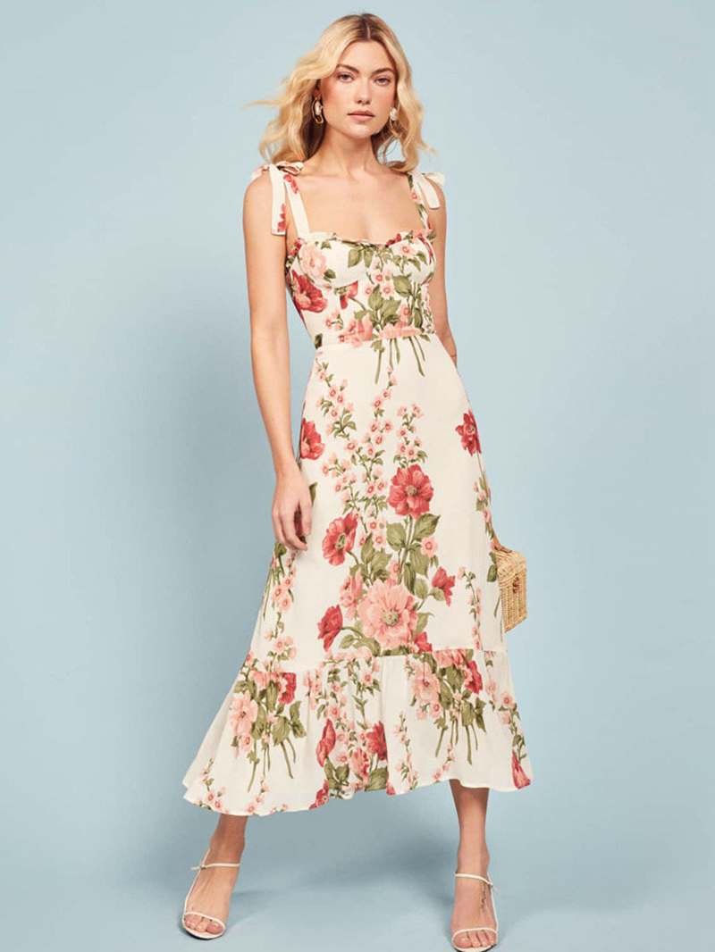Sundress Midi Floral - Silk Linen Women's White Floral Print