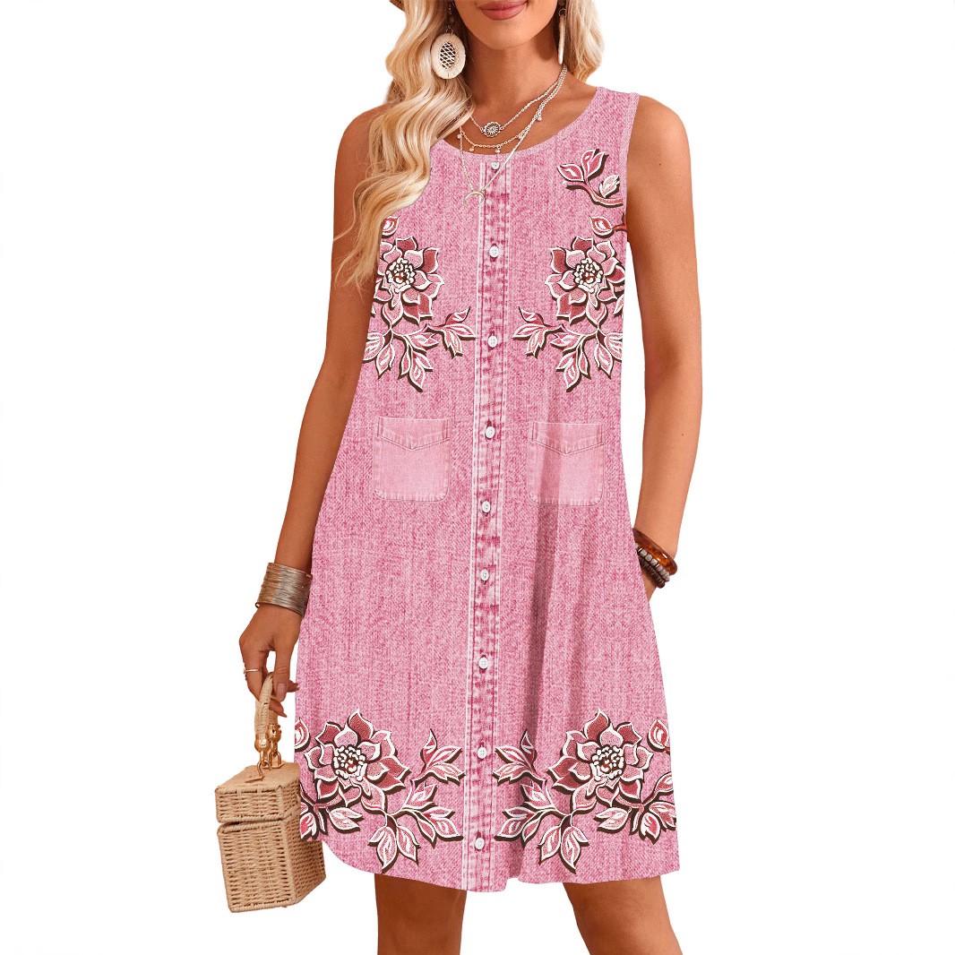 Summer Woman Dress Round Neck  - Sundress Midi Floral ulasan dan harga