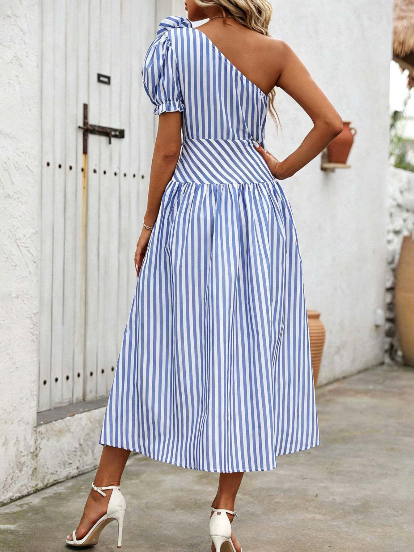 Blue White Striped One Shoulde - Sundress Midi Floral ulasan dan harga