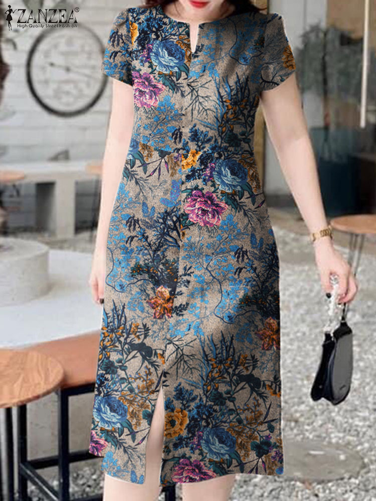 Fashion Retro Short Sleeve Rob - Sundress Midi Floral ulasan dan harga