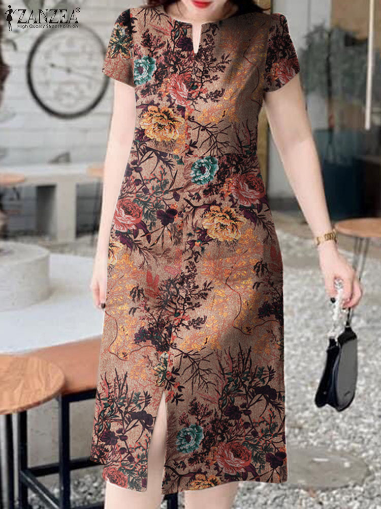 Fashion Retro Short Sleeve Rob - Sundress Midi Floral ulasan dan harga