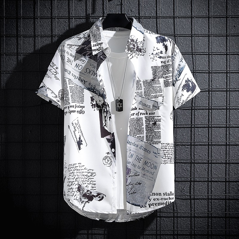 Newspaper Printed Shirt,Korean - Summer Clothing Essentials Men ulasan dan harga