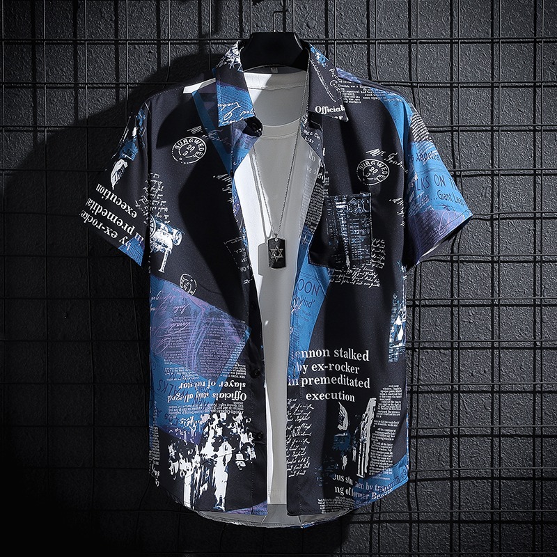 Newspaper Printed Shirt,Korean - Summer Clothing Essentials Men ulasan dan harga