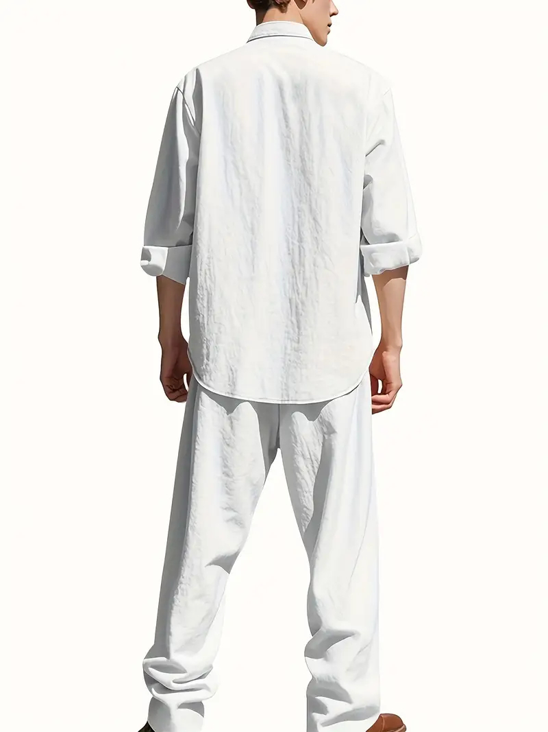 Men's White Linen Suit Set Lon - Summer Clothing Long Sleeve ulasan dan harga