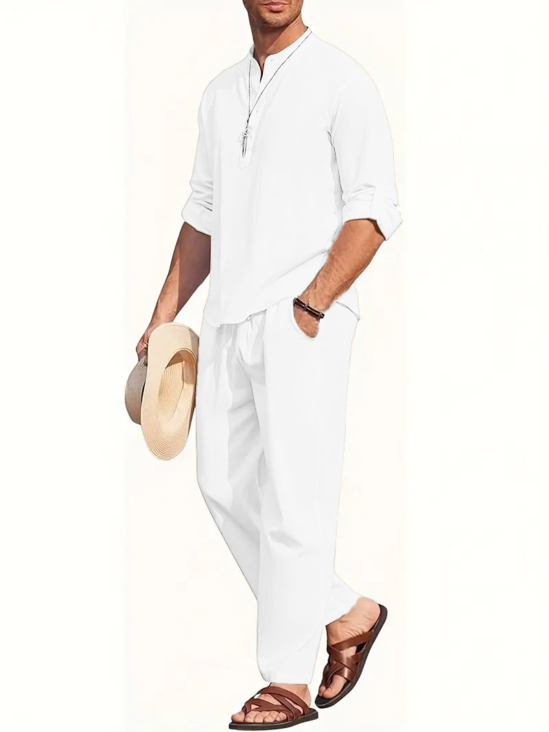 Men's White Linen Suit Set Lon - Summer Clothing Long Sleeve ulasan dan harga