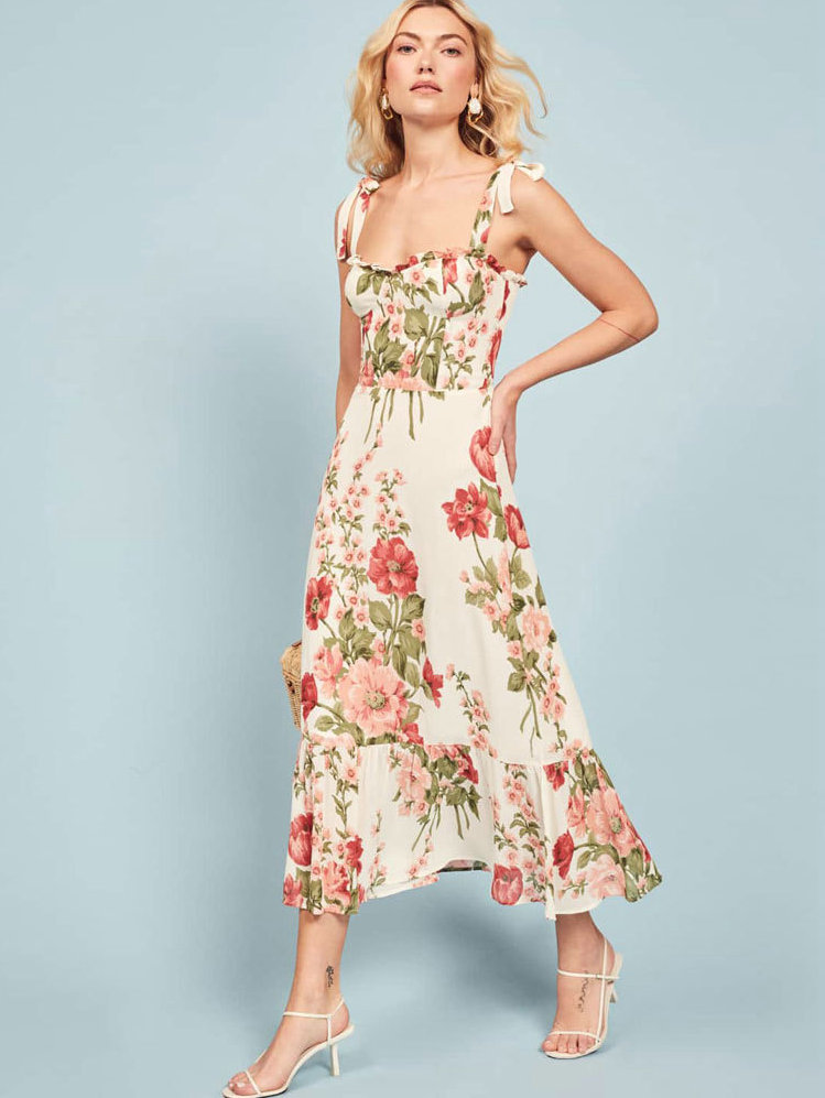 Silk Linen Women's White Flora - Sundress Midi Floral ulasan dan harga