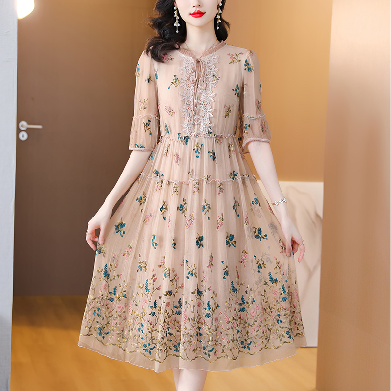 Women Floral Natural Silk Embr - Sundress Midi Floral ulasan dan harga
