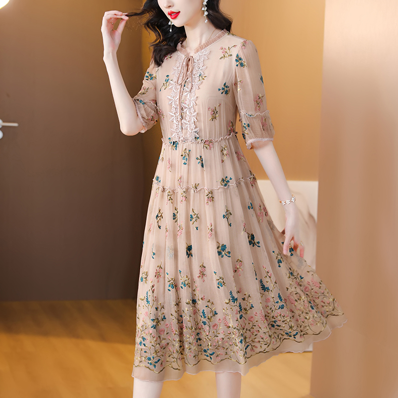 Women Floral Natural Silk Embr - Sundress Midi Floral ulasan dan harga