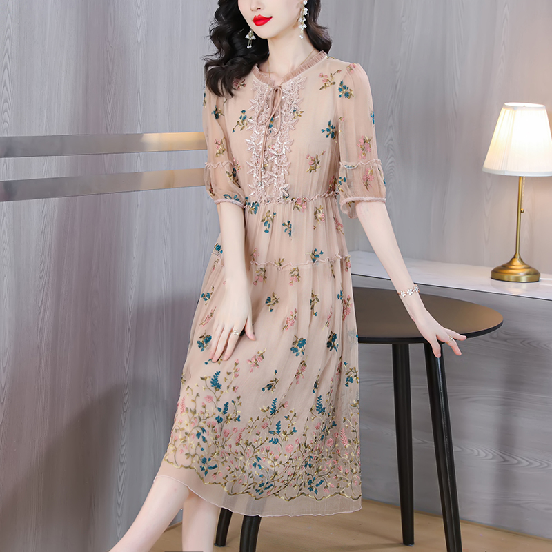 Women Floral Natural Silk Embr - Sundress Midi Floral ulasan dan harga