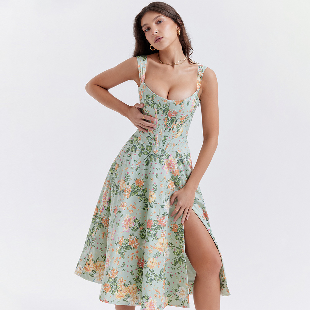 Open Back Split Floral Print D - Sundress Midi Floral ulasan dan harga